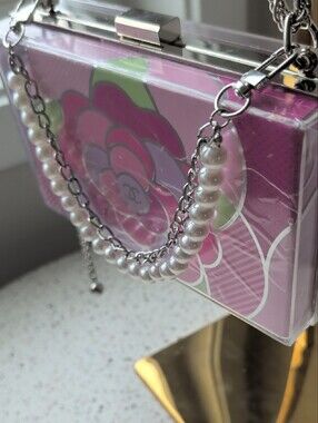 Upcycled 🩷 💜 Floral Acrylic Box Clutch with Pearl and Silver Chain